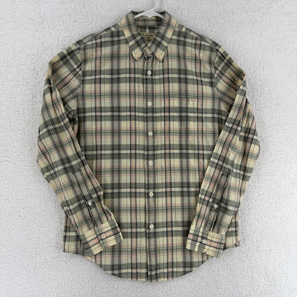 Abercrombie & Fitch Shirt Mens Medium Green Plaid Long Sleeve Button Down Casual